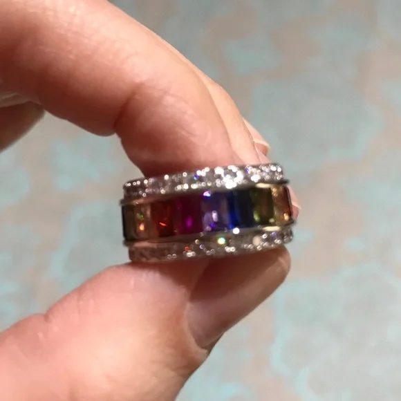 NEW Size 6 Multicoloured Rhodium Plated Rainbow Ring - Absolutely Stunning! - Picture 4 of 6